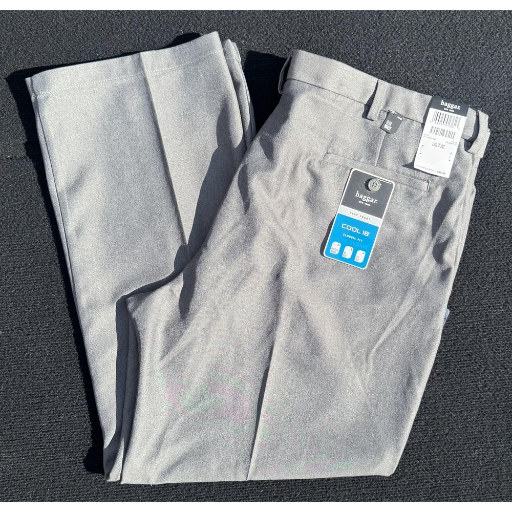 Haggar Cool 18 Mens 42x29 Gray Dress Pants Classic Fit Flat Front Microfiber